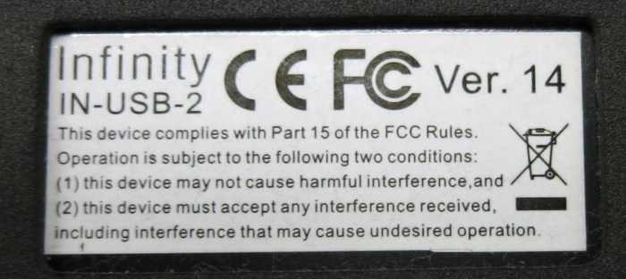 Infinity Foot Pedal IN-USB-2 v14 label