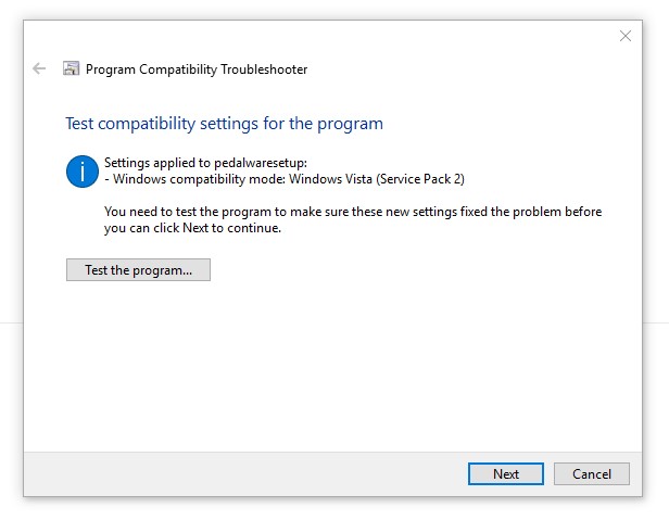 Pedalware needs Windows Vista compatibility mode